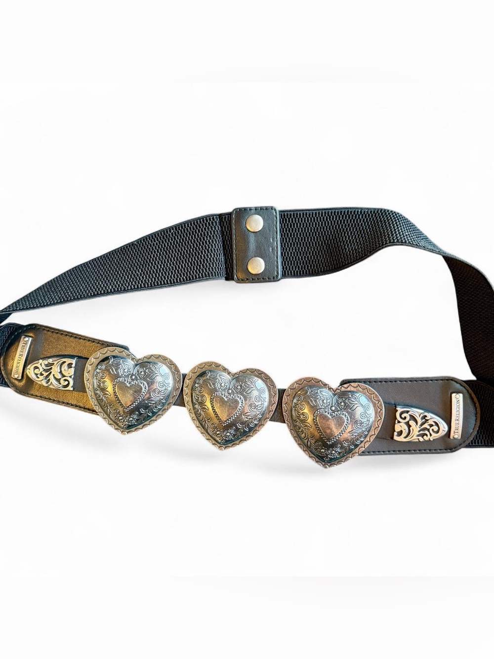 TRUE RELIGION CHROME HEARTS CONCH ELASTIC SILVER BLACK BELT- L/XL